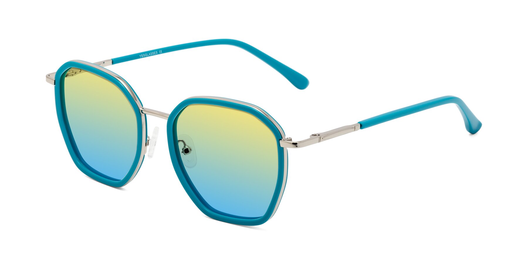 Angle of Fammily in Teal-Sliver with Yellow / Blue Gradient Lenses