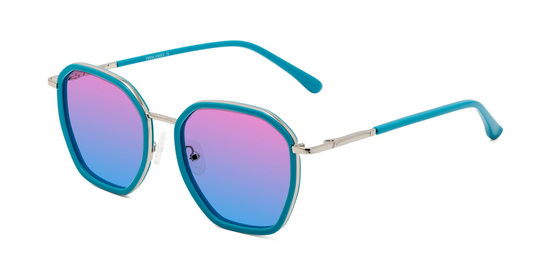 Angle of Fammily in Teal-Sliver with Pink / Blue Gradient Lenses