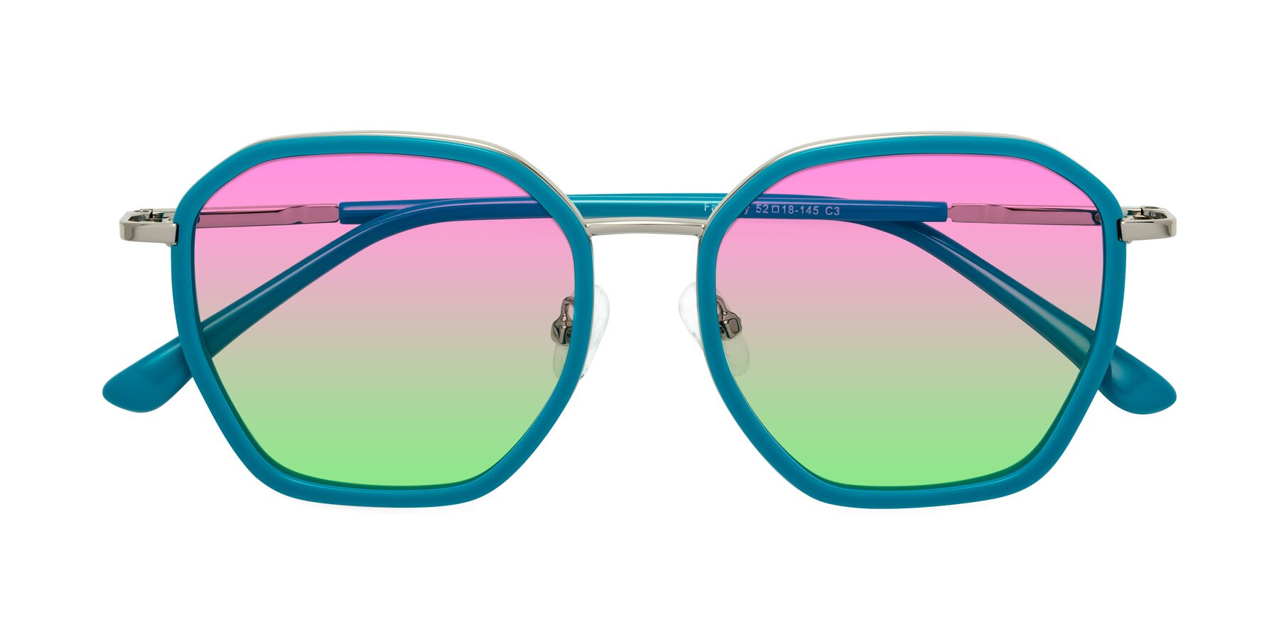 Folded Front of Fammily in Teal-Sliver with Pink / Green Gradient Lenses