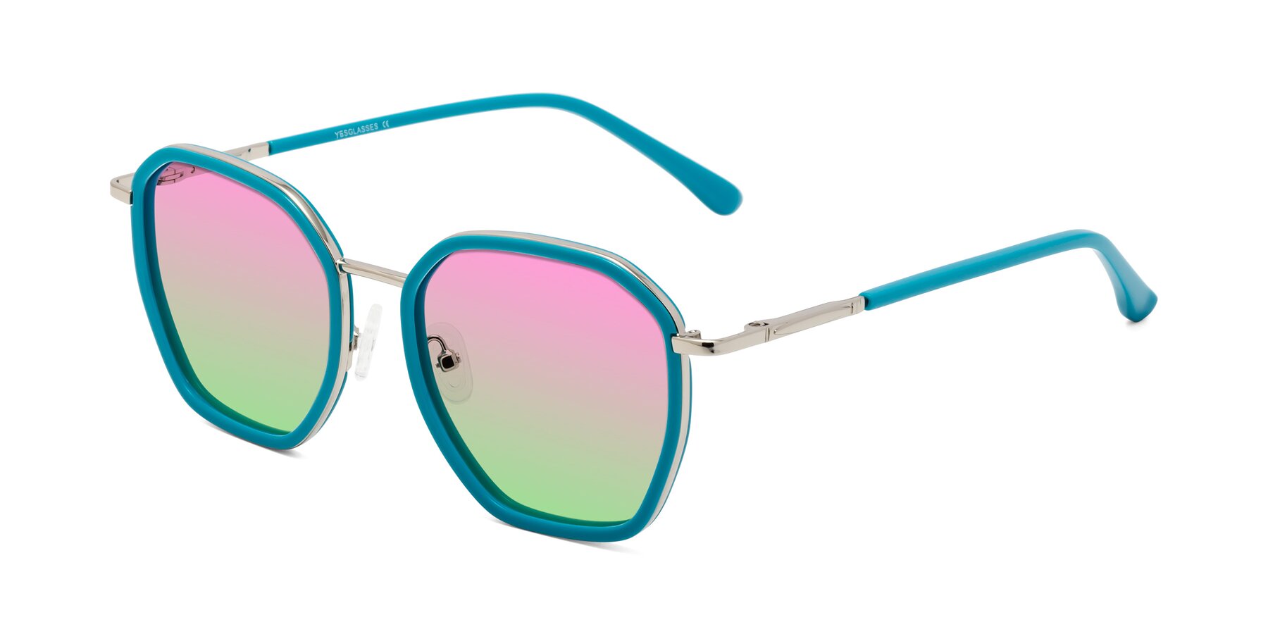 Angle of Fammily in Teal-Sliver with Pink / Green Gradient Lenses