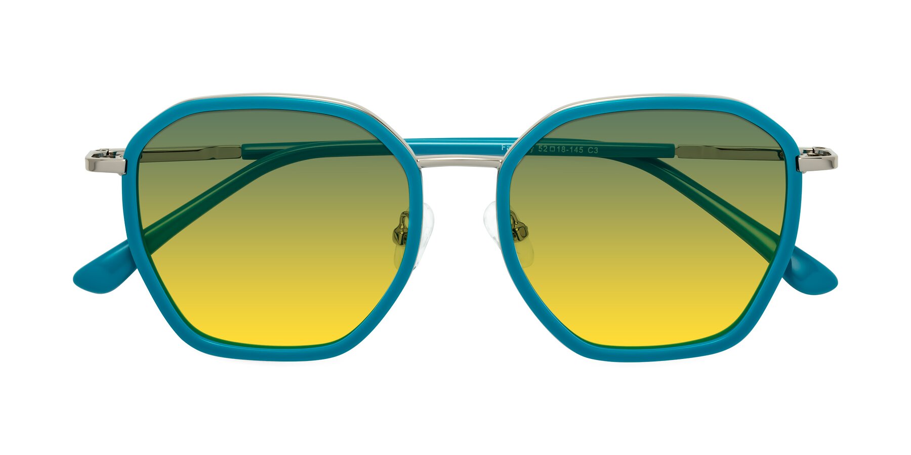 Folded Front of Fammily in Teal-Sliver with Green / Yellow Gradient Lenses