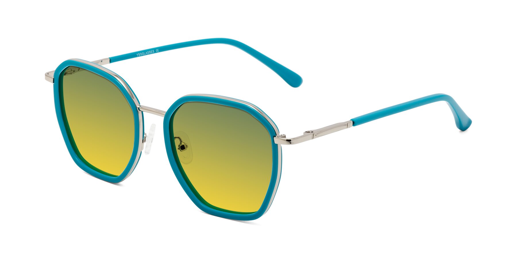 Angle of Fammily in Teal-Sliver with Green / Yellow Gradient Lenses