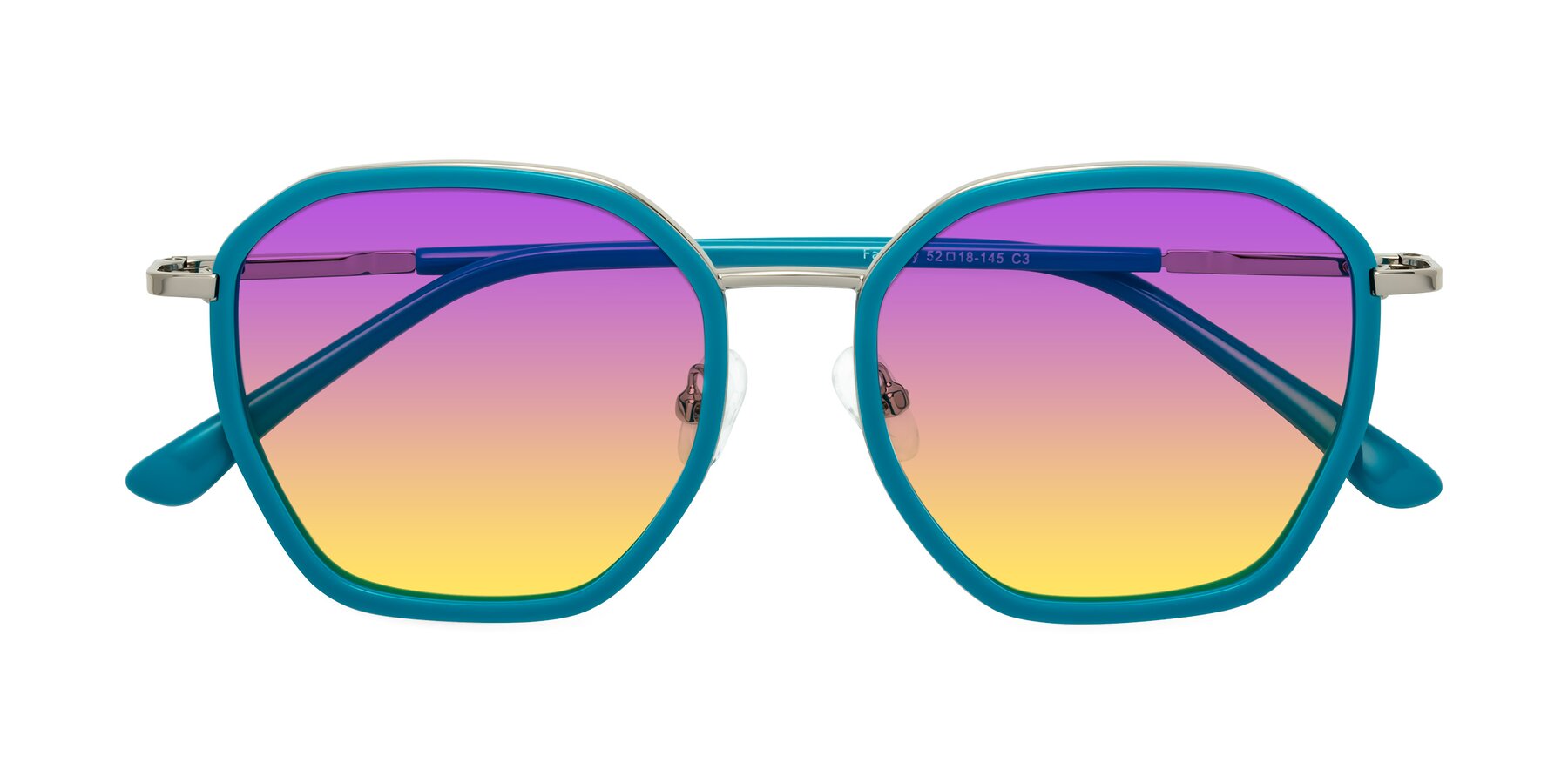 Folded Front of Fammily in Teal-Sliver with Purple / Yellow Gradient Lenses