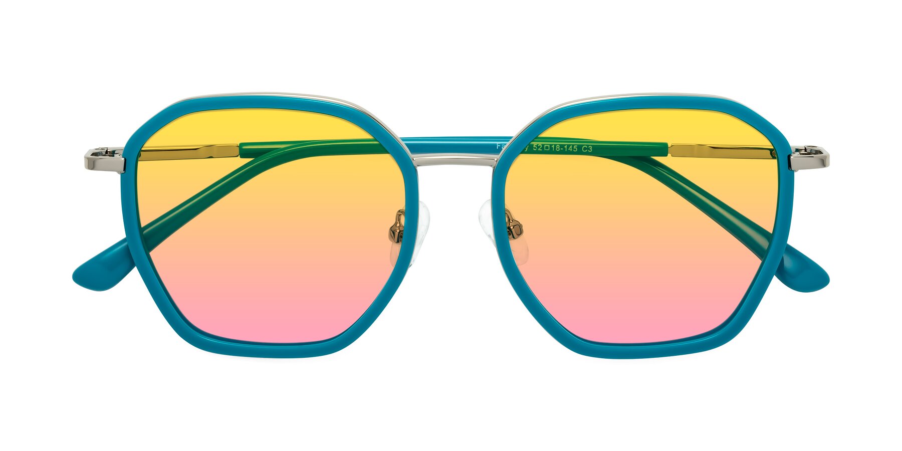 Folded Front of Fammily in Teal-Sliver with Yellow / Pink Gradient Lenses