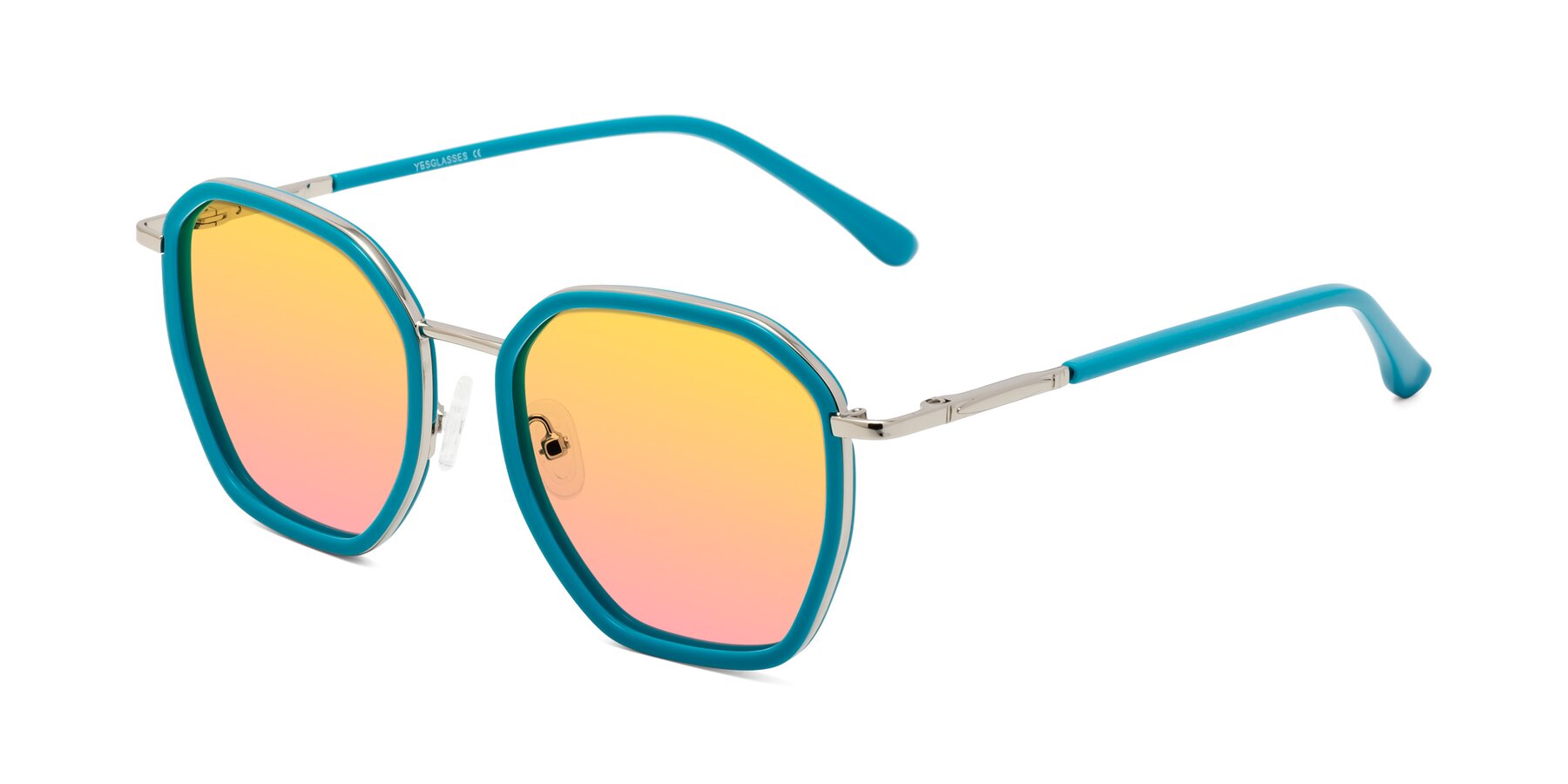 Angle of Fammily in Teal-Sliver with Yellow / Pink Gradient Lenses