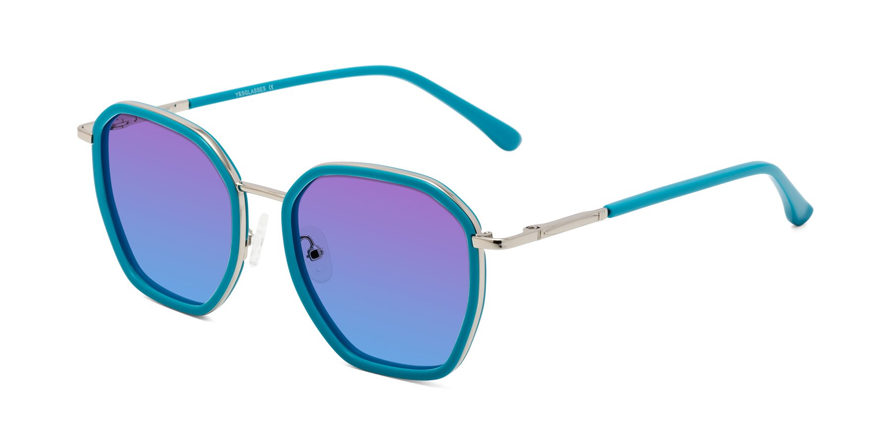 Angle of Fammily in Teal-Sliver with Purple / Blue Gradient Lenses