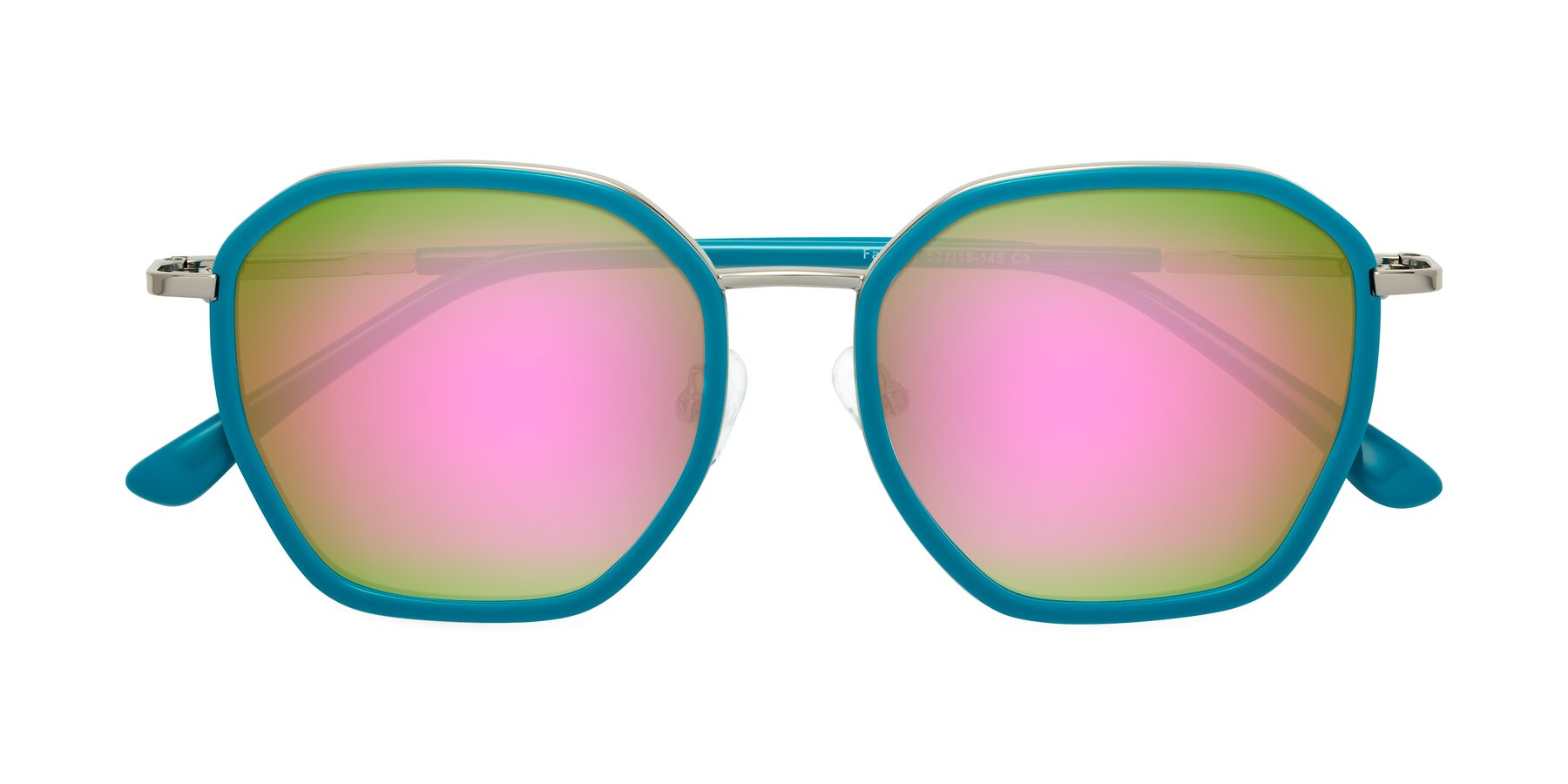 Folded Front of Fammily in Teal-Sliver with Pink Mirrored Lenses