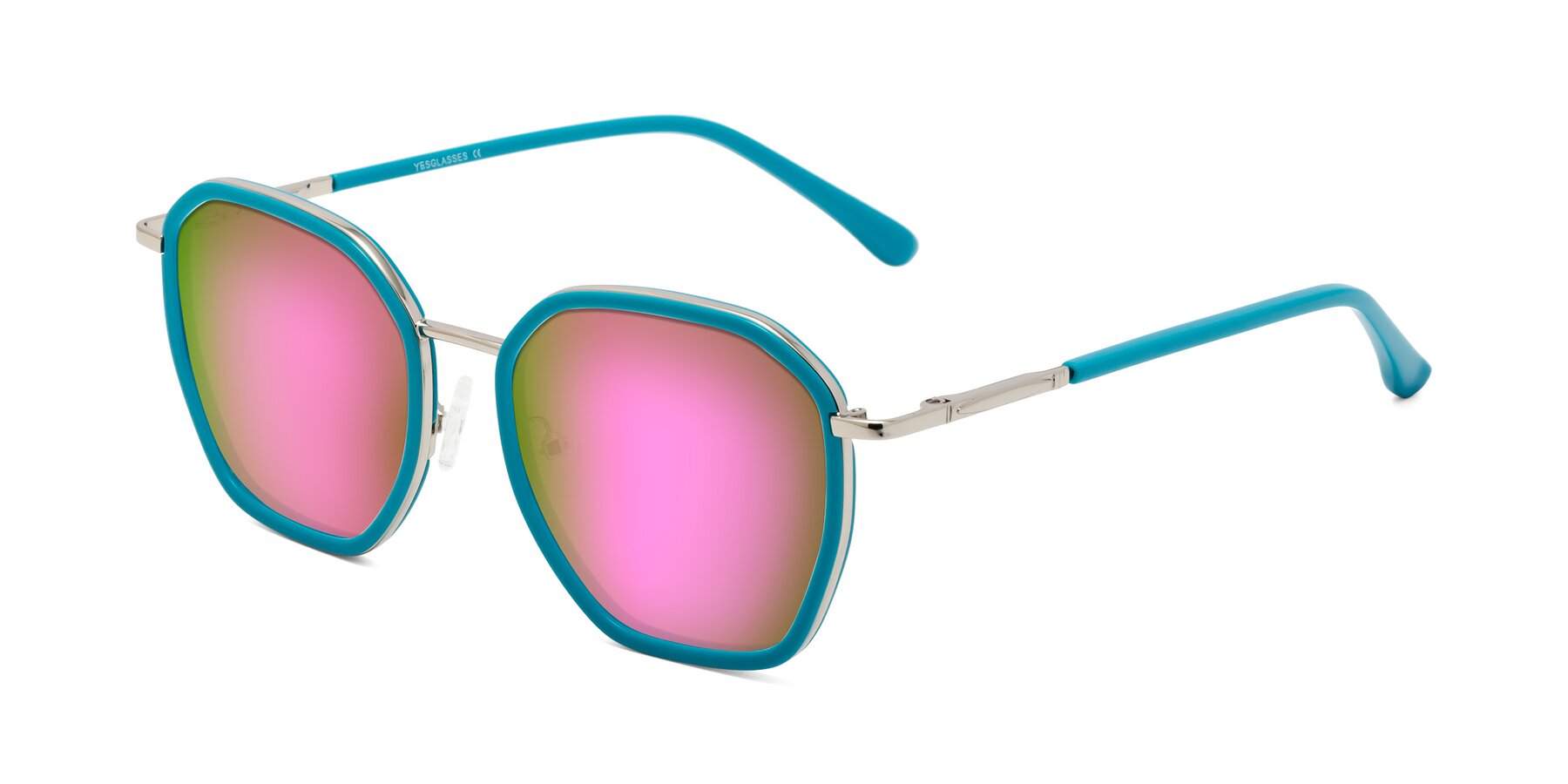 Angle of Fammily in Teal-Sliver with Pink Mirrored Lenses