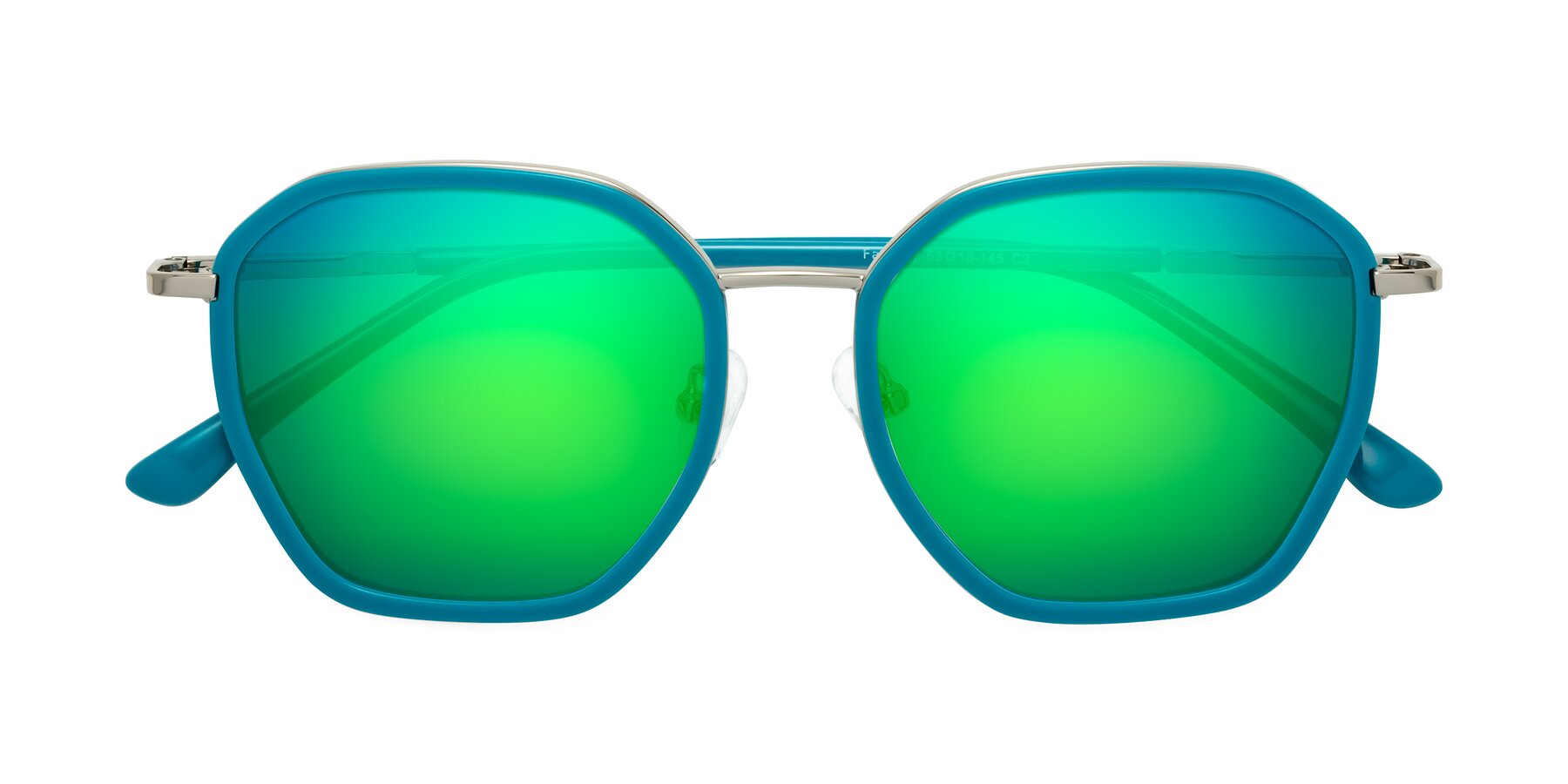 Folded Front of Fammily in Teal-Sliver with Green Mirrored Lenses