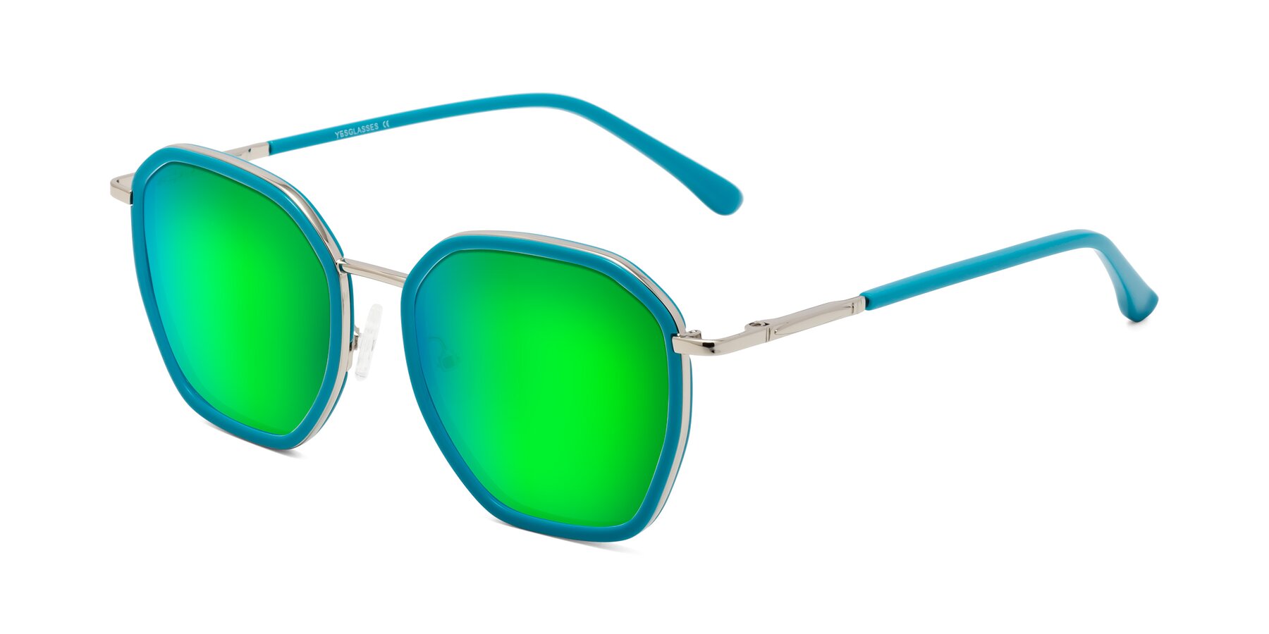 Angle of Fammily in Teal-Sliver with Green Mirrored Lenses