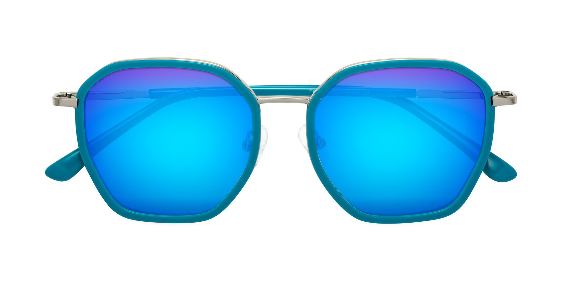 Folded Front of Fammily in Teal-Sliver with Blue Mirrored Lenses