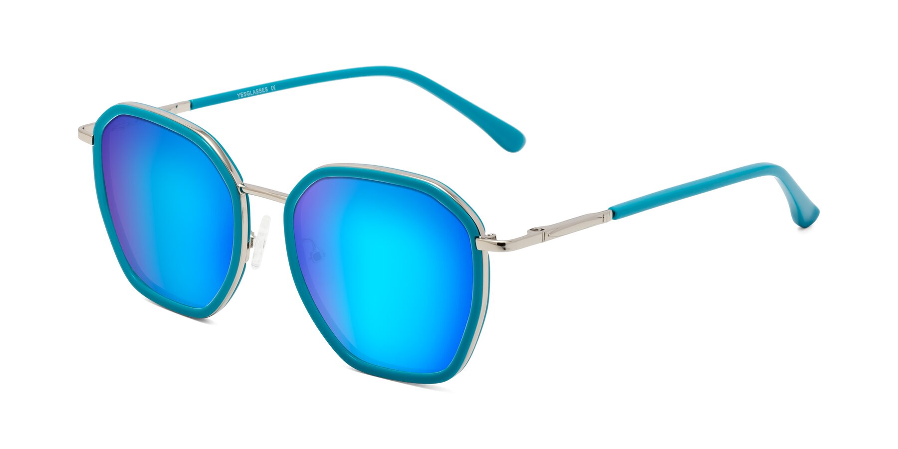 Angle of Fammily in Teal-Sliver with Blue Mirrored Lenses