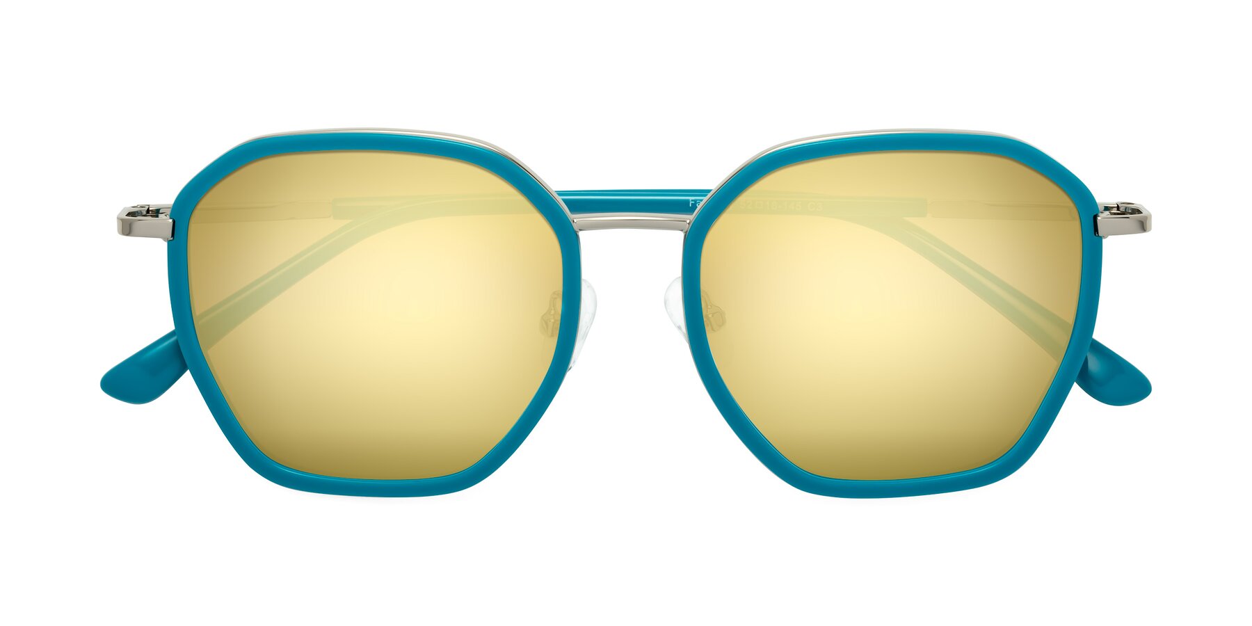 Folded Front of Fammily in Teal-Sliver with Gold Mirrored Lenses