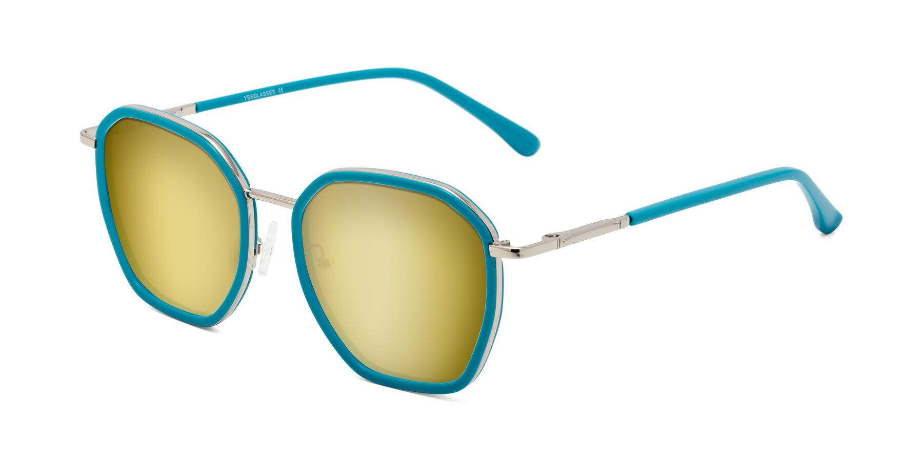 Angle of Fammily in Teal-Sliver with Gold Mirrored Lenses