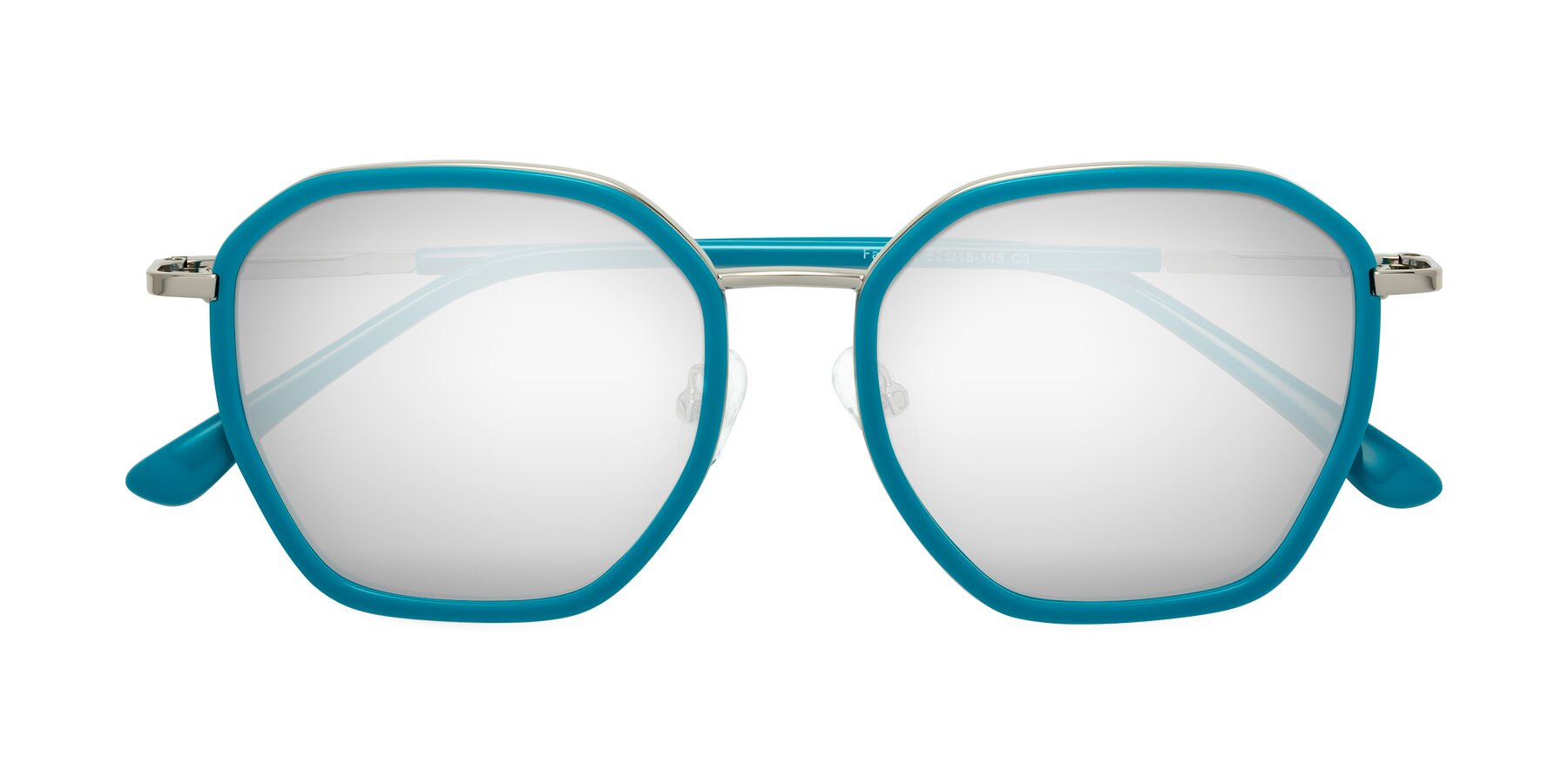 Folded Front of Fammily in Teal-Sliver with Silver Mirrored Lenses