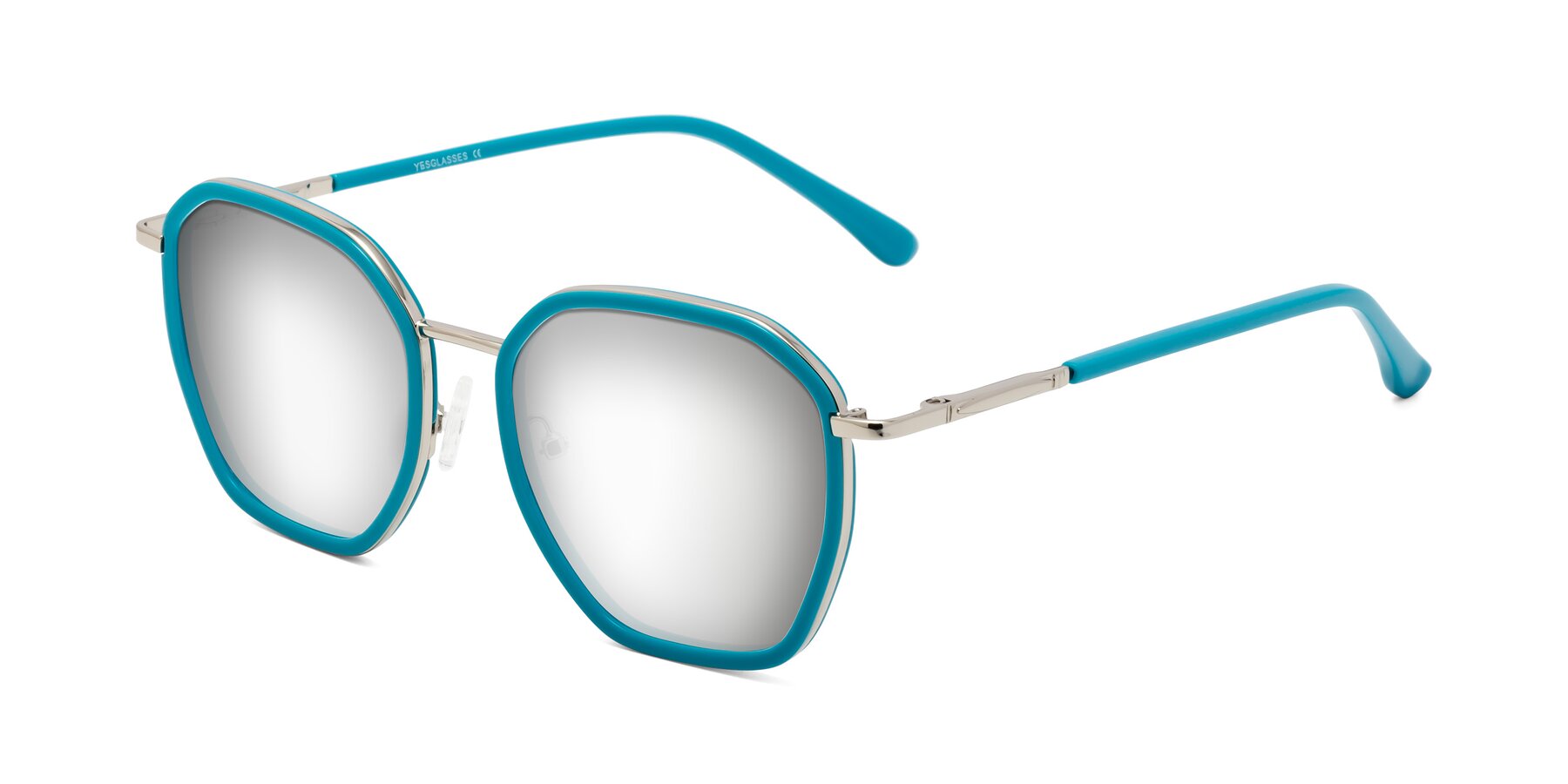 Angle of Fammily in Teal-Sliver with Silver Mirrored Lenses