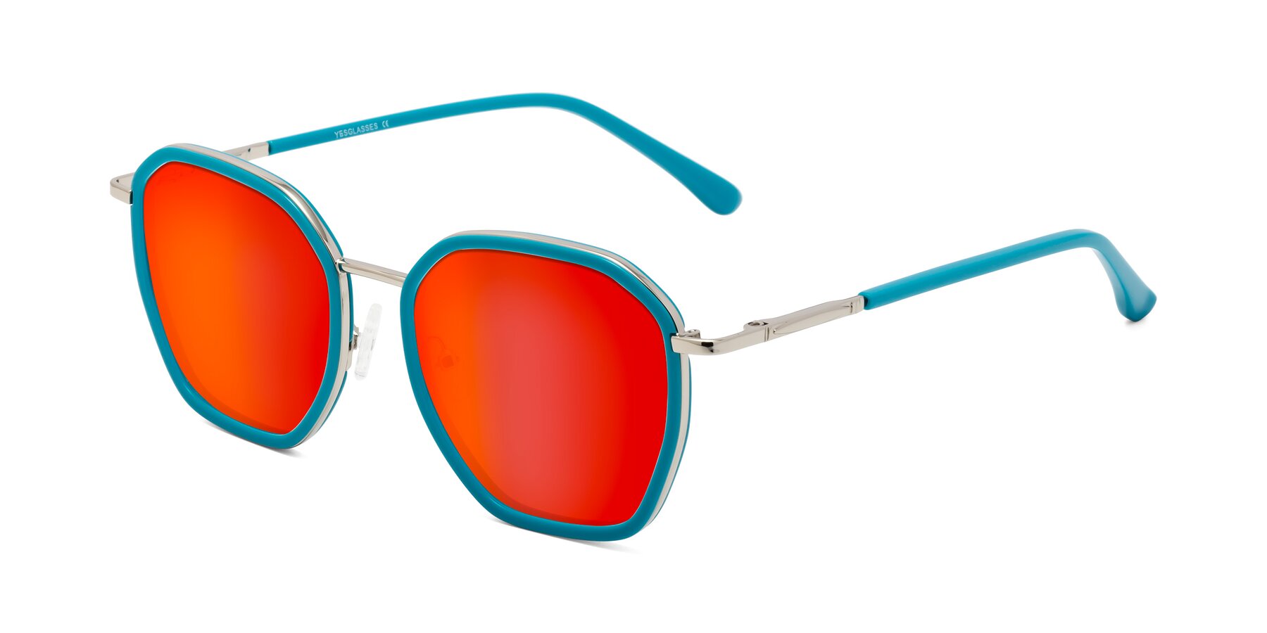 Angle of Fammily in Teal-Sliver with Red Gold Mirrored Lenses