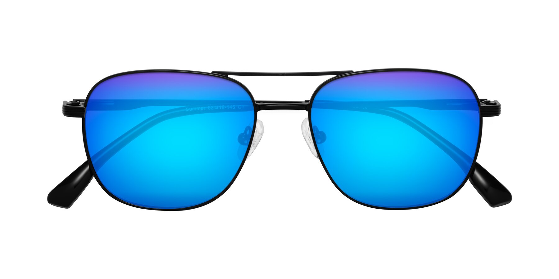 Folded Front of Summer in Black with Blue Mirrored Lenses