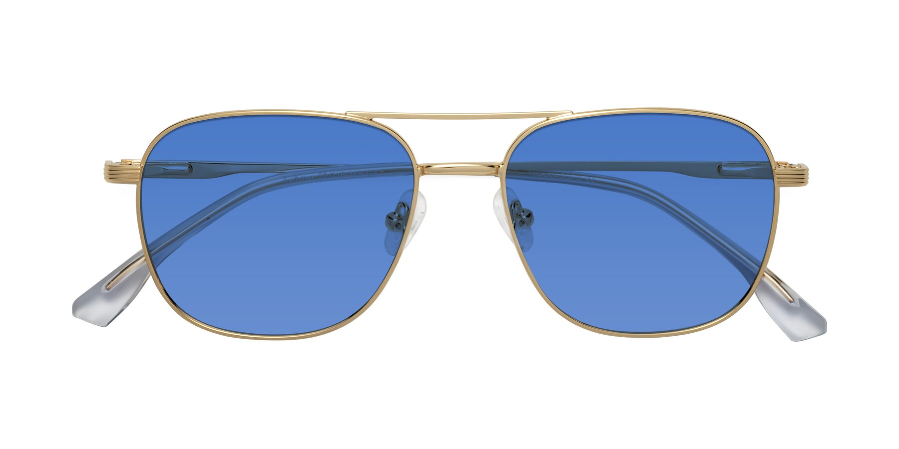 Folded Front of Summer in Gold with Blue Tinted Lenses