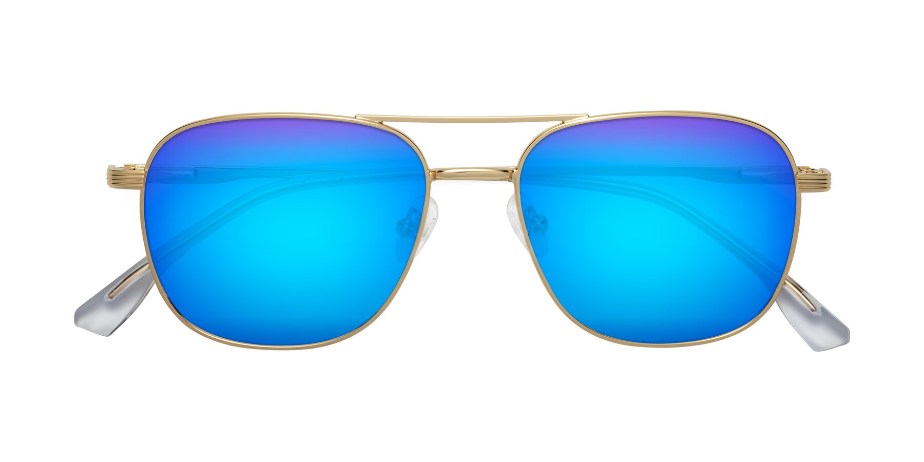 Folded Front of Summer in Gold with Blue Mirrored Lenses