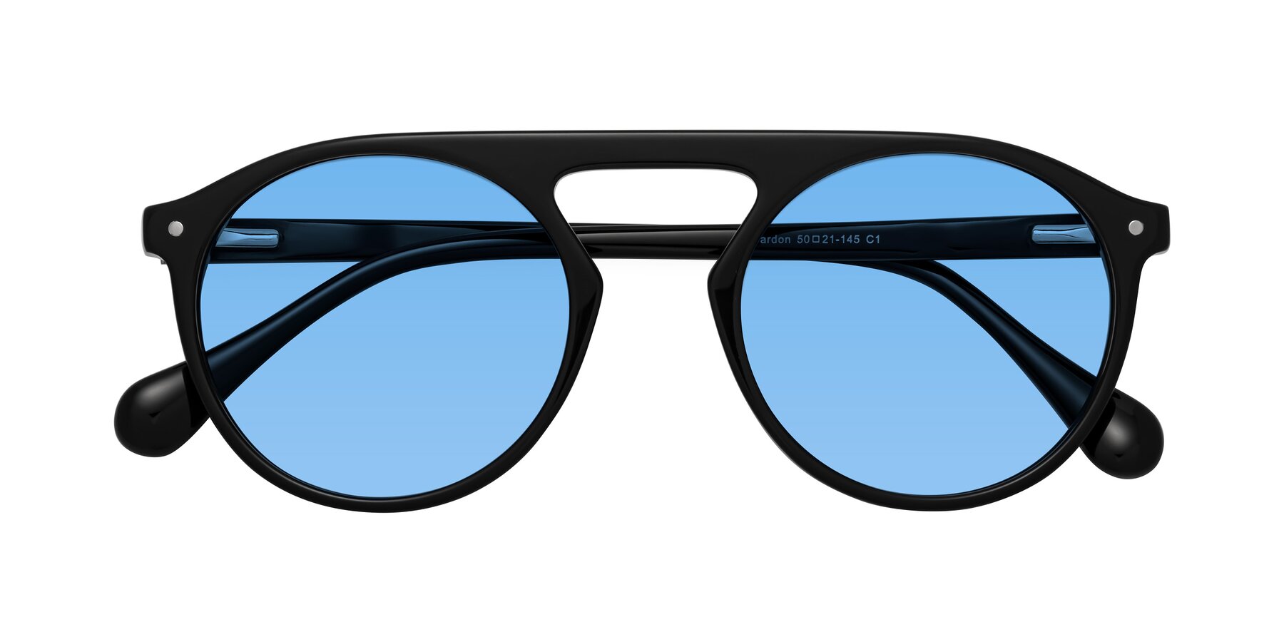 Folded Front of Gardon in Black with Medium Blue Tinted Lenses