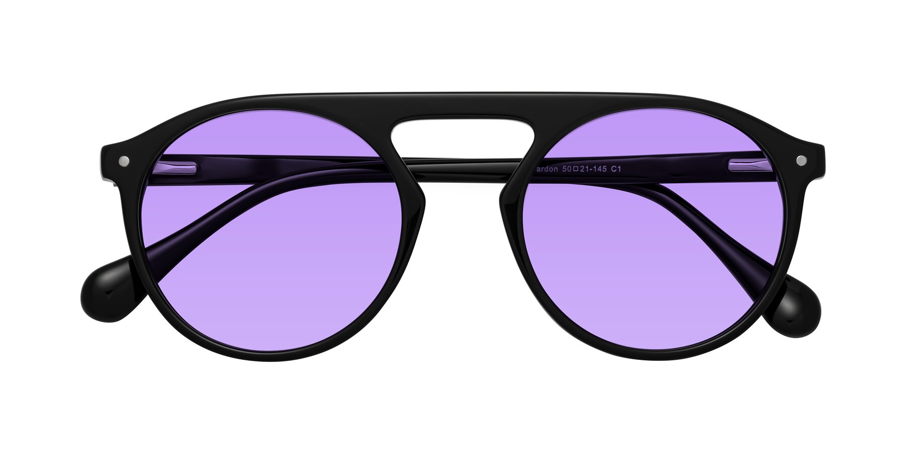 Folded Front of Gardon in Black with Medium Purple Tinted Lenses