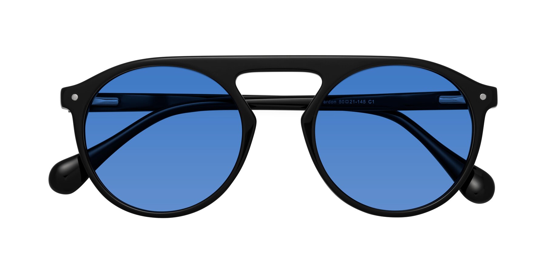 Folded Front of Gardon in Black with Blue Tinted Lenses