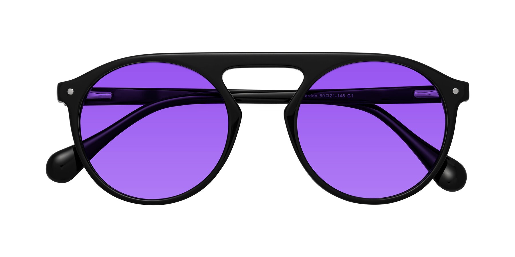 Folded Front of Gardon in Black with Purple Tinted Lenses