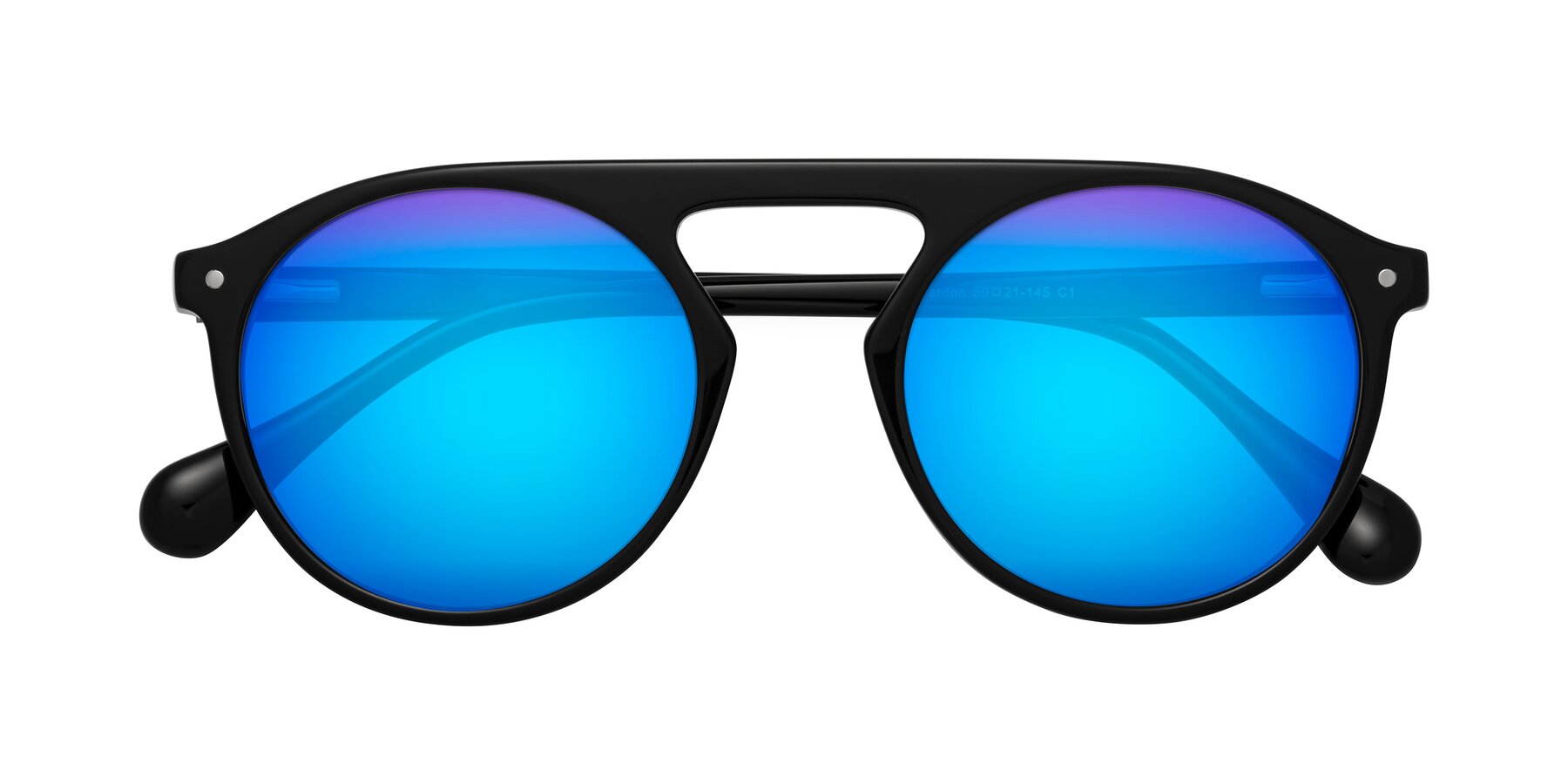 Folded Front of Gardon in Black with Blue Mirrored Lenses