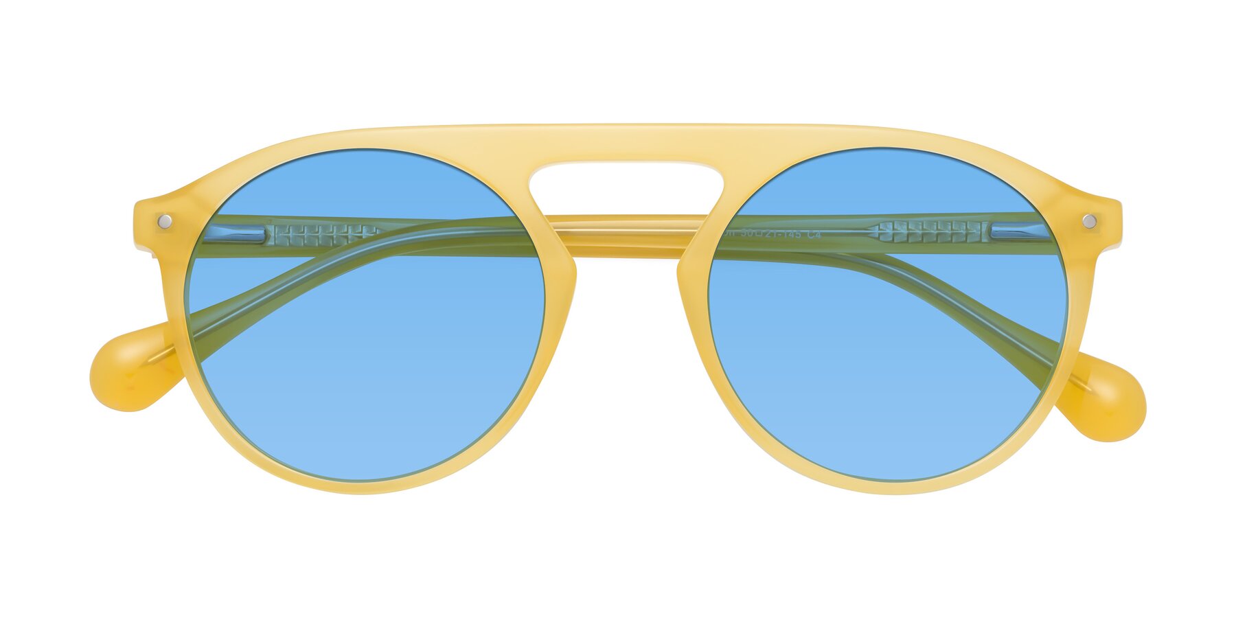 Folded Front of Gardon in Honey with Medium Blue Tinted Lenses