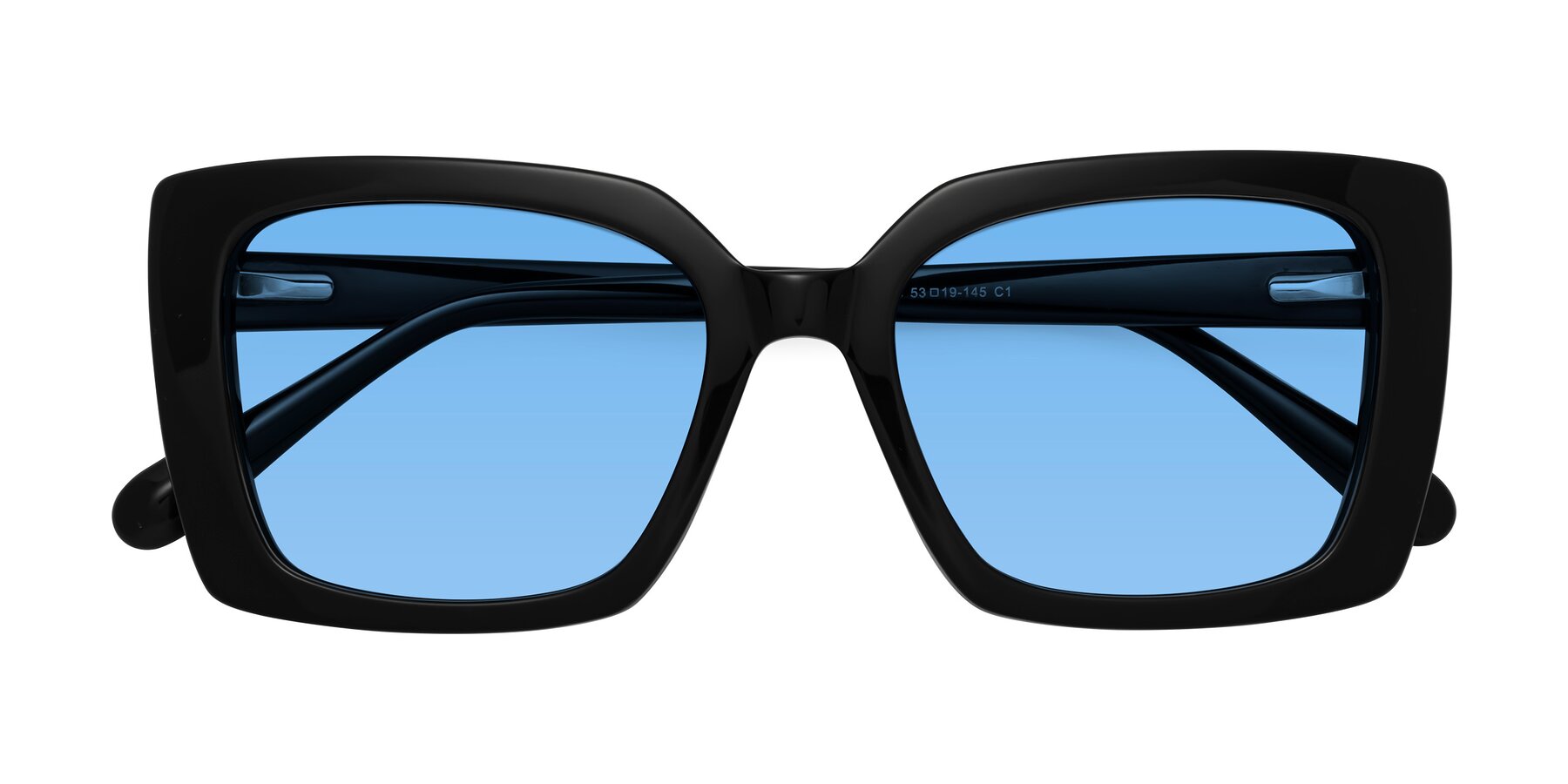 Folded Front of Godness in Black with Medium Blue Tinted Lenses