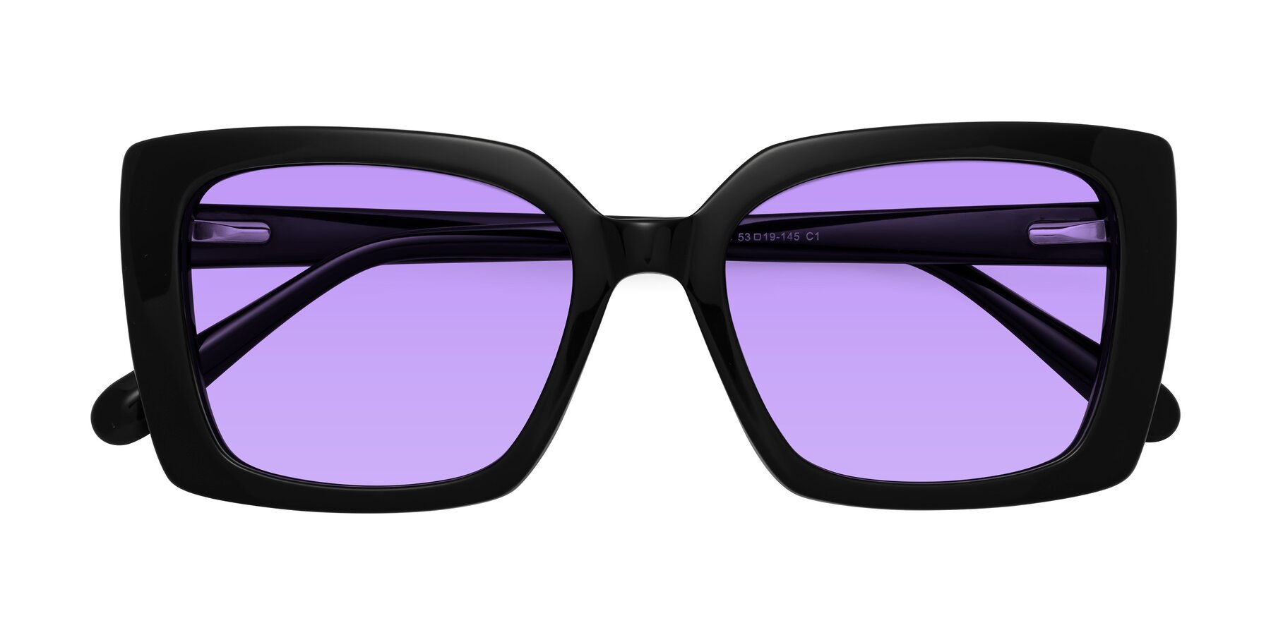 Folded Front of Godness in Black with Medium Purple Tinted Lenses