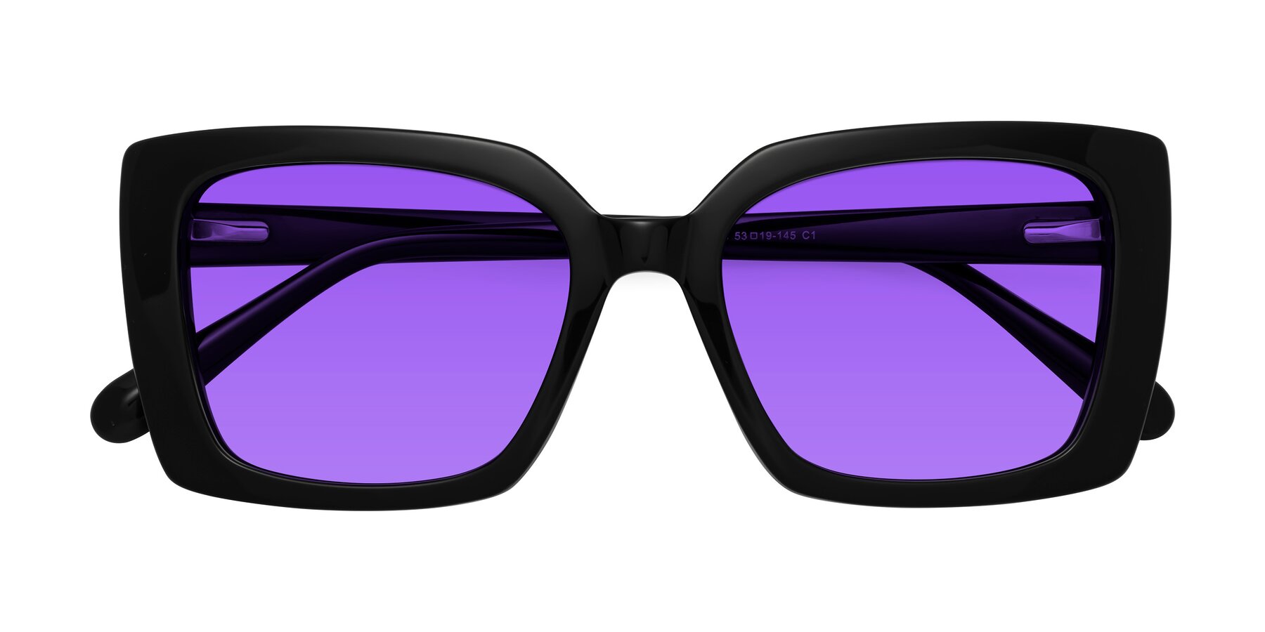 Folded Front of Godness in Black with Purple Tinted Lenses