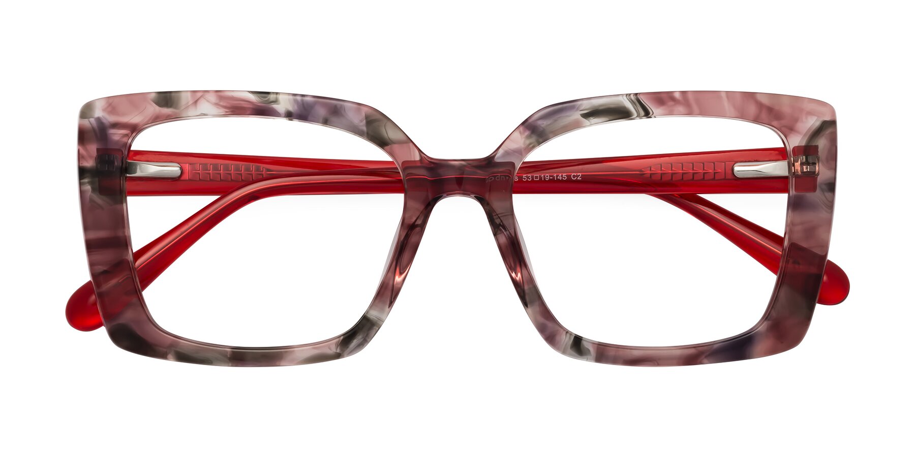 Folded Front of Godness in Red-Floral with Clear Eyeglass Lenses