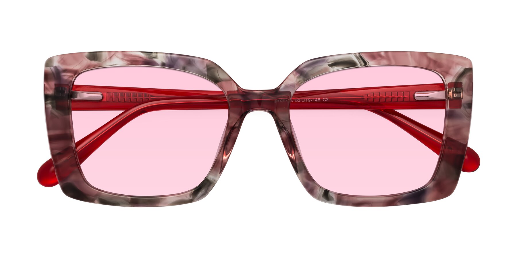 Folded Front of Godness in Red-Floral with Light Pink Tinted Lenses