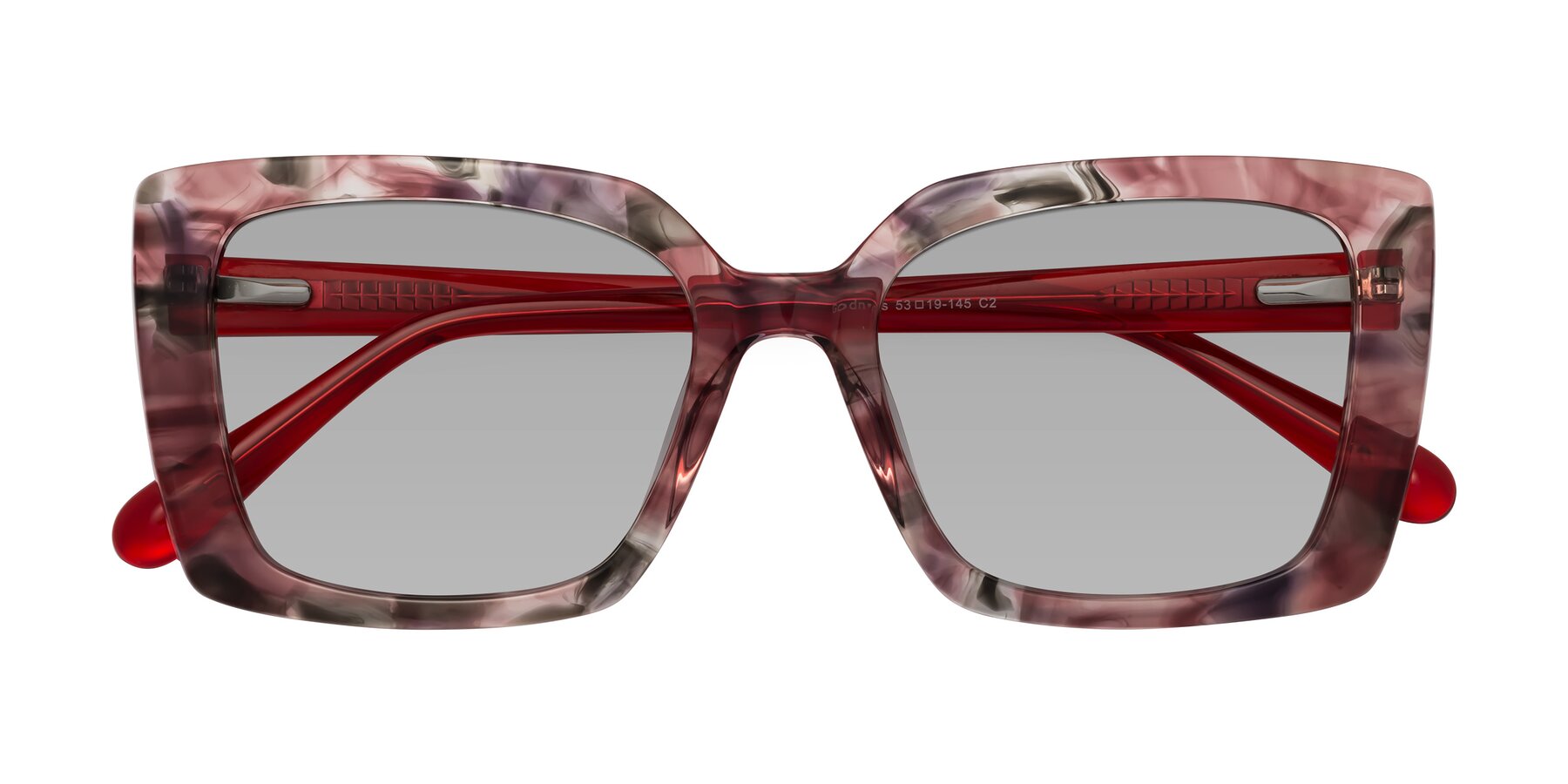 Folded Front of Godness in Red-Floral with Light Gray Tinted Lenses