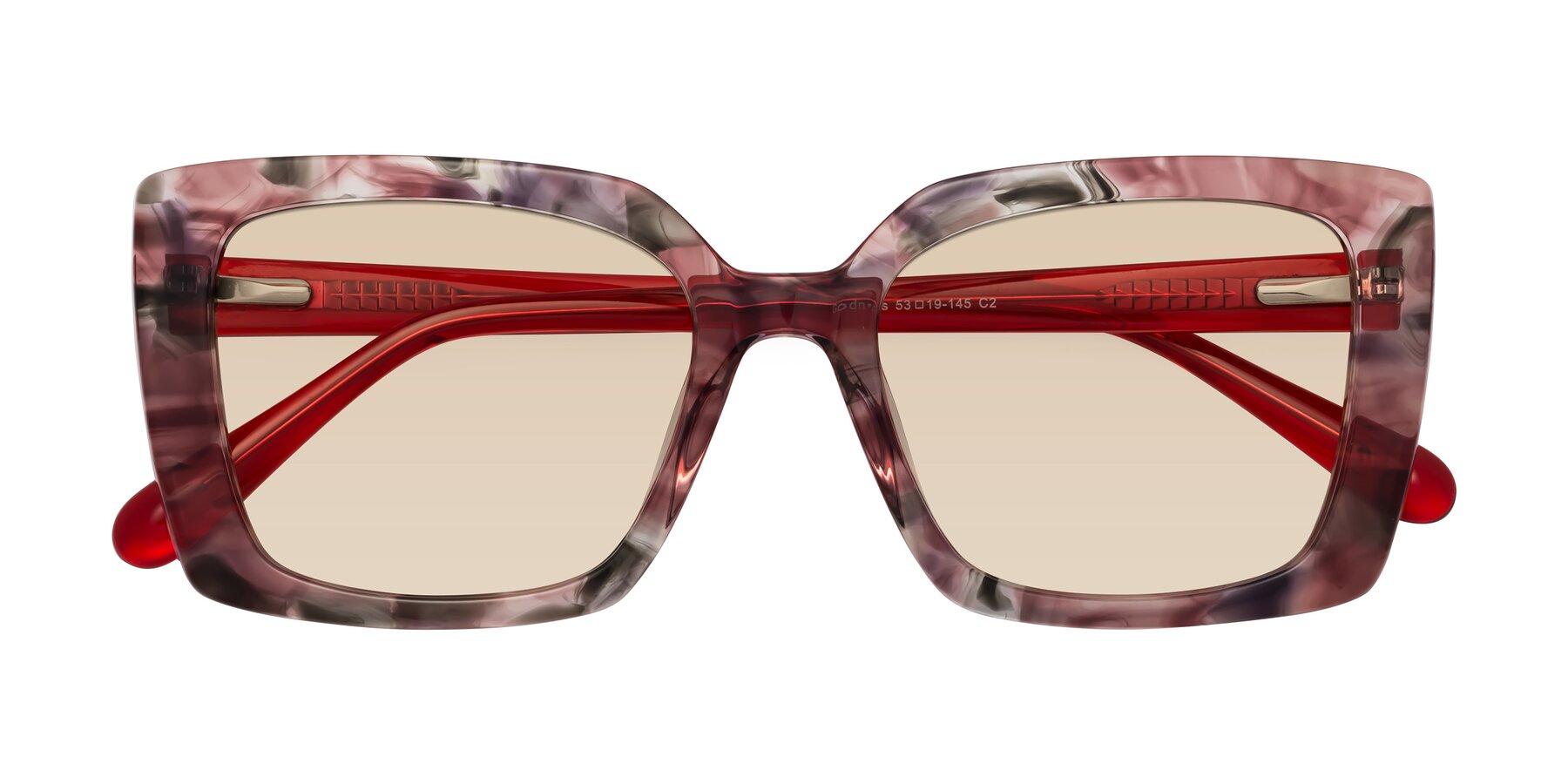 Folded Front of Godness in Red-Floral with Light Brown Tinted Lenses