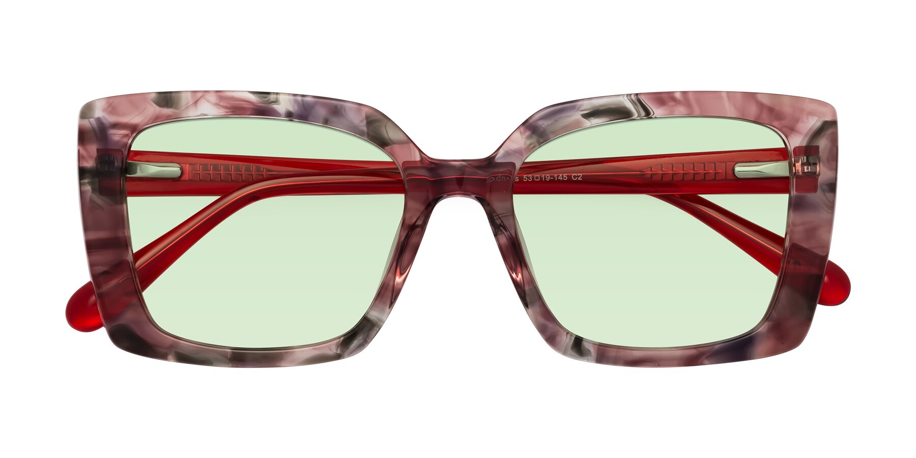 Folded Front of Godness in Red-Floral with Light Green Tinted Lenses