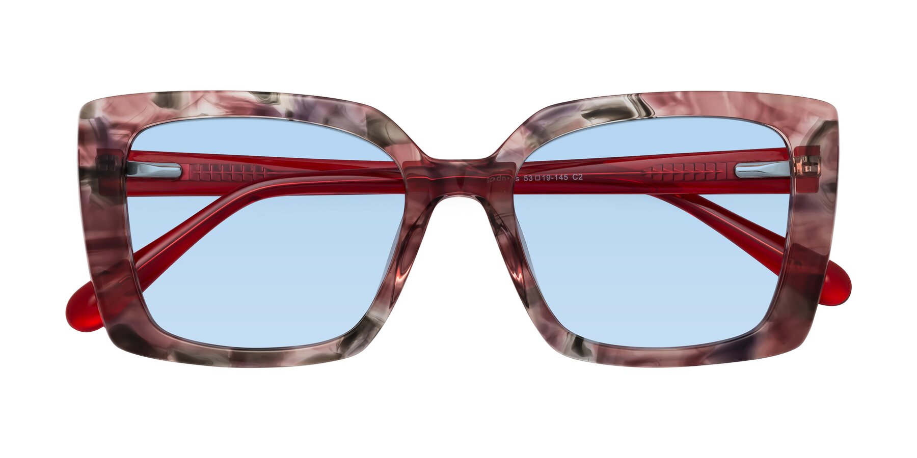 Folded Front of Godness in Red-Floral with Light Blue Tinted Lenses