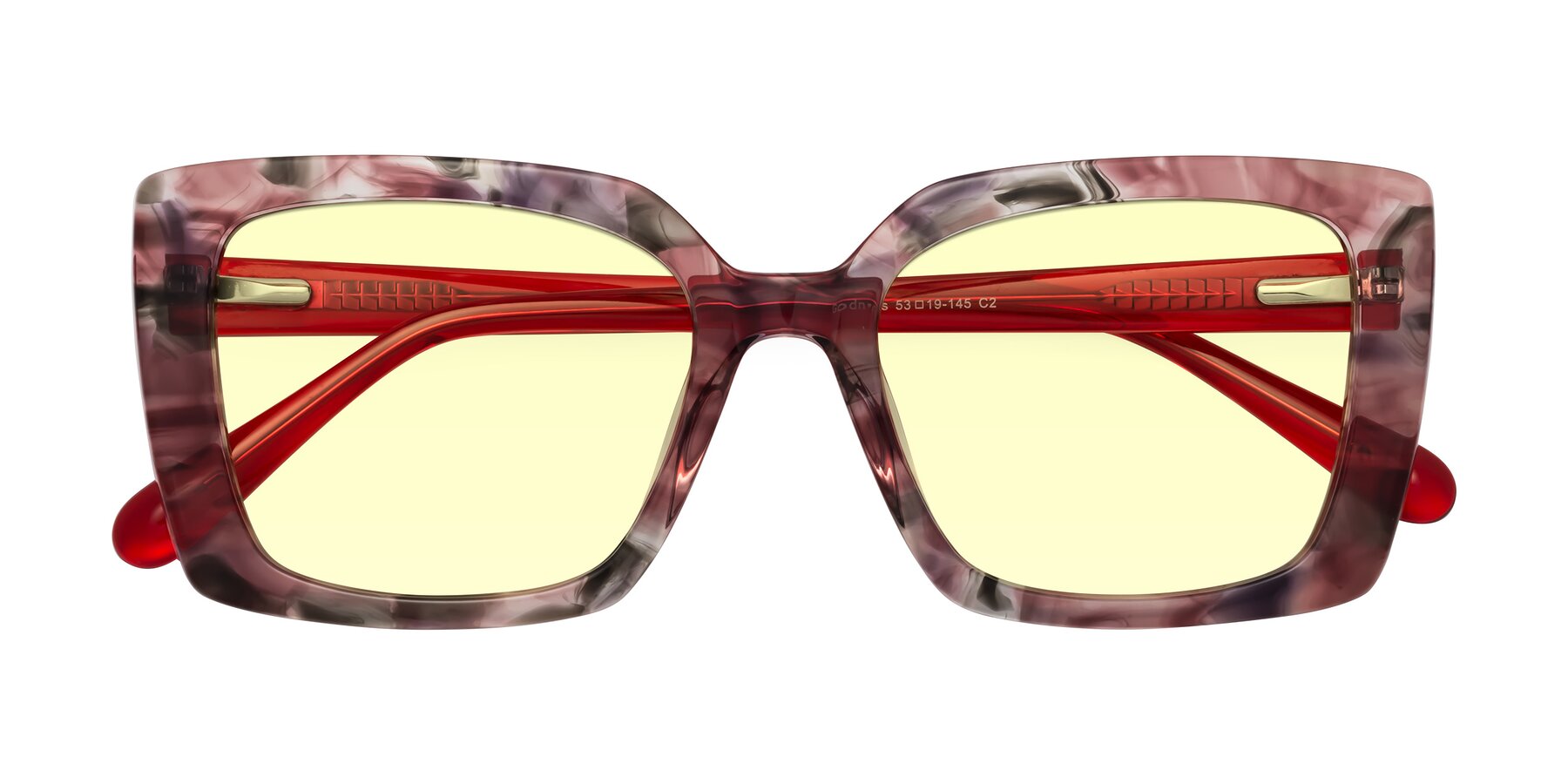 Folded Front of Godness in Red-Floral with Light Yellow Tinted Lenses