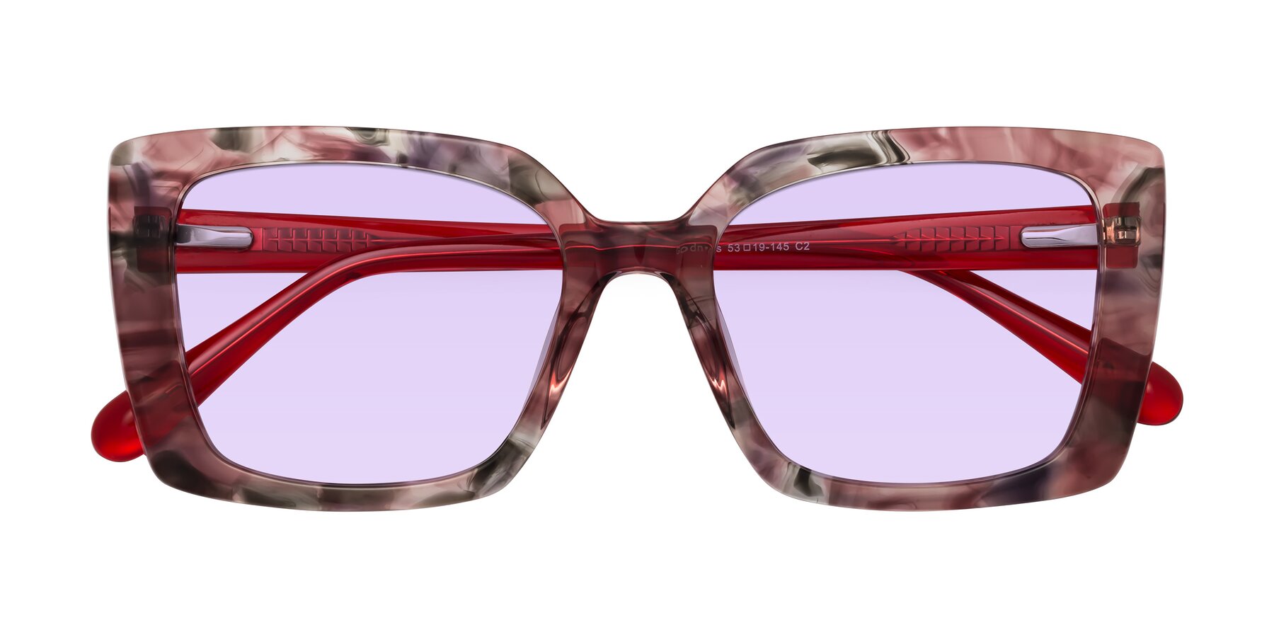 Folded Front of Godness in Red-Floral with Light Purple Tinted Lenses