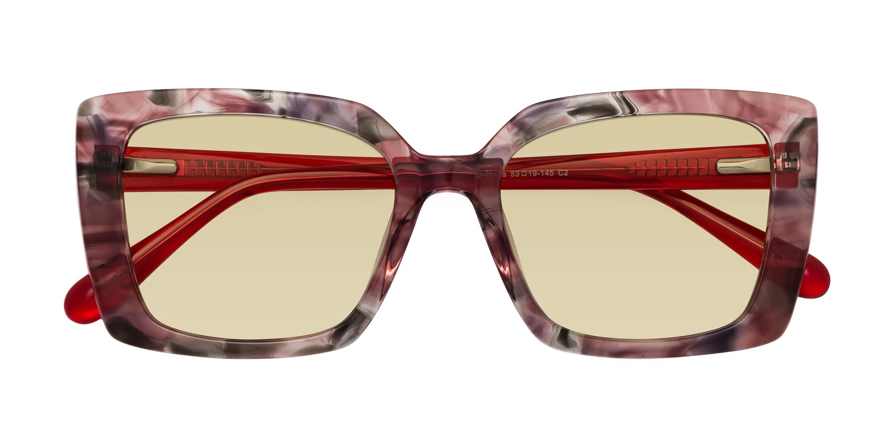 Folded Front of Godness in Red-Floral with Light Champagne Tinted Lenses