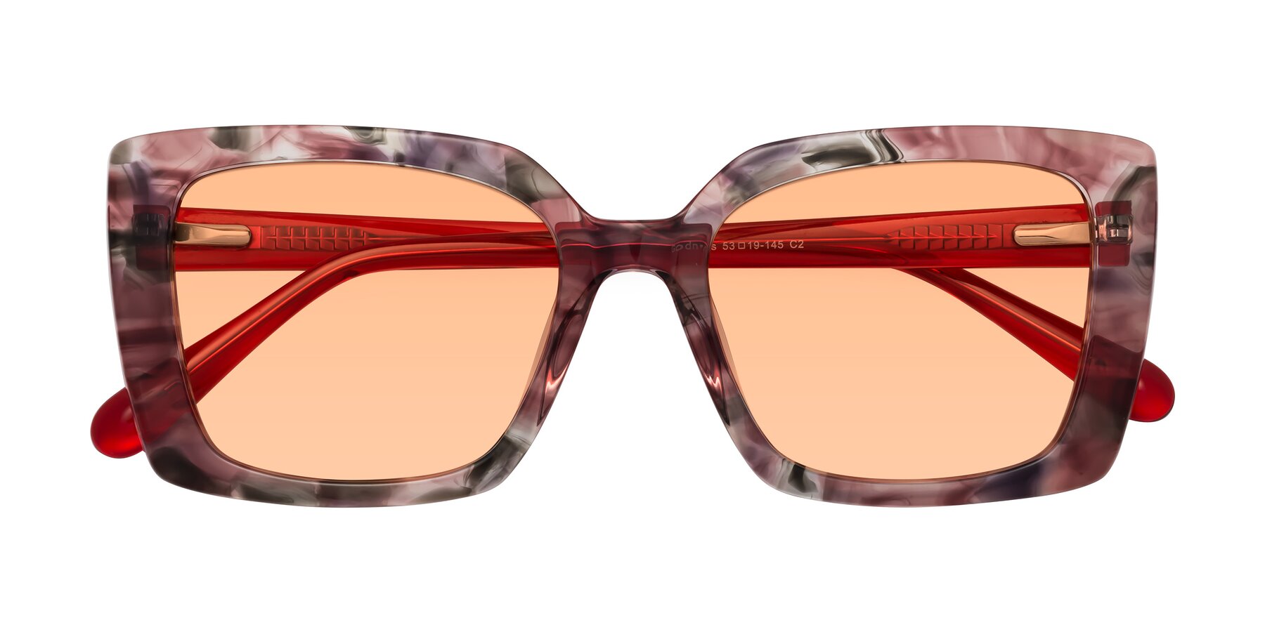 Folded Front of Godness in Red-Floral with Light Orange Tinted Lenses