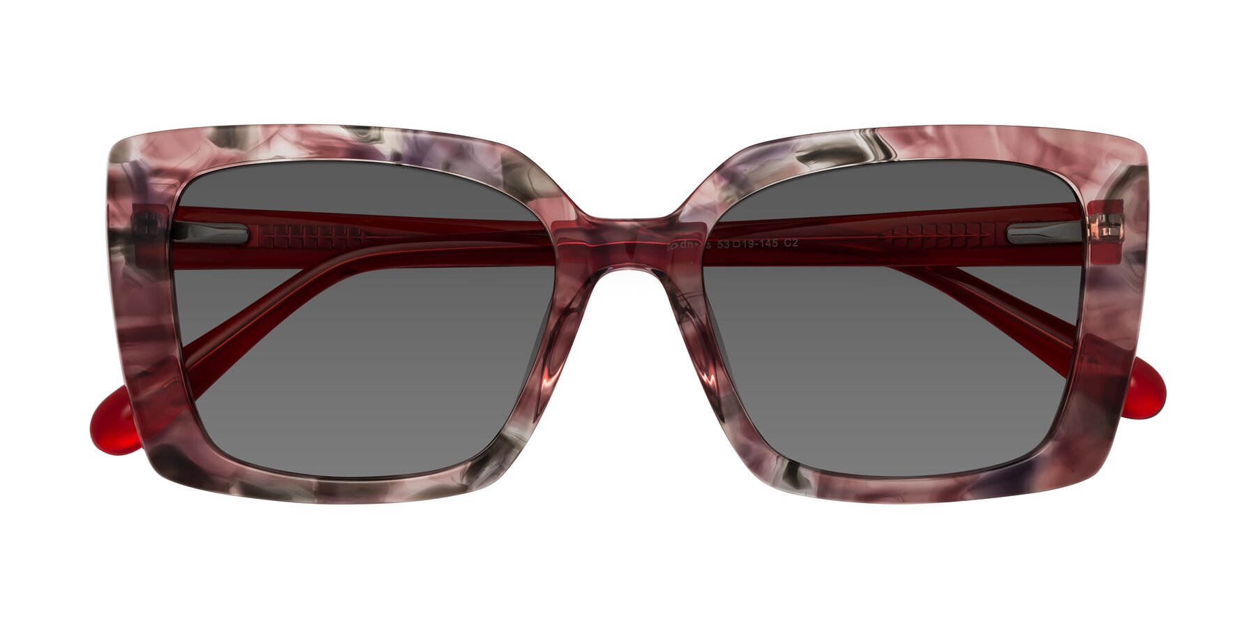 Folded Front of Godness in Red-Floral with Medium Gray Tinted Lenses