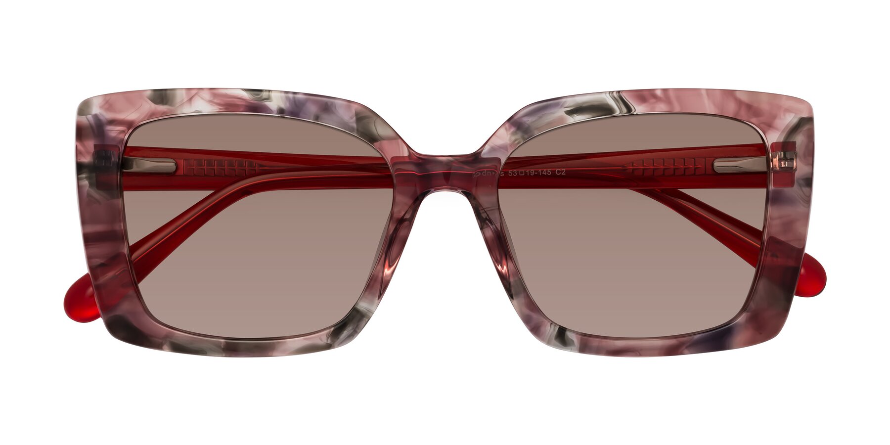 Folded Front of Godness in Red-Floral with Medium Brown Tinted Lenses