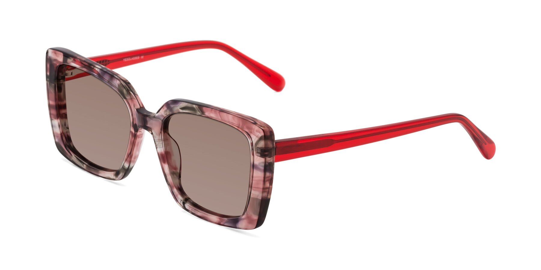 Angle of Godness in Red-Floral with Medium Brown Tinted Lenses