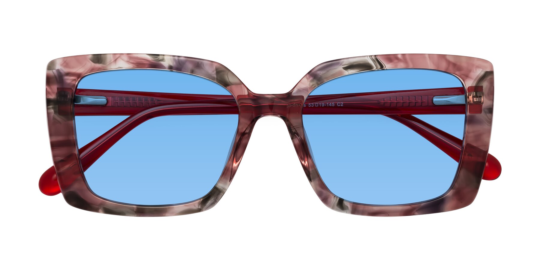 Folded Front of Godness in Red-Floral with Medium Blue Tinted Lenses