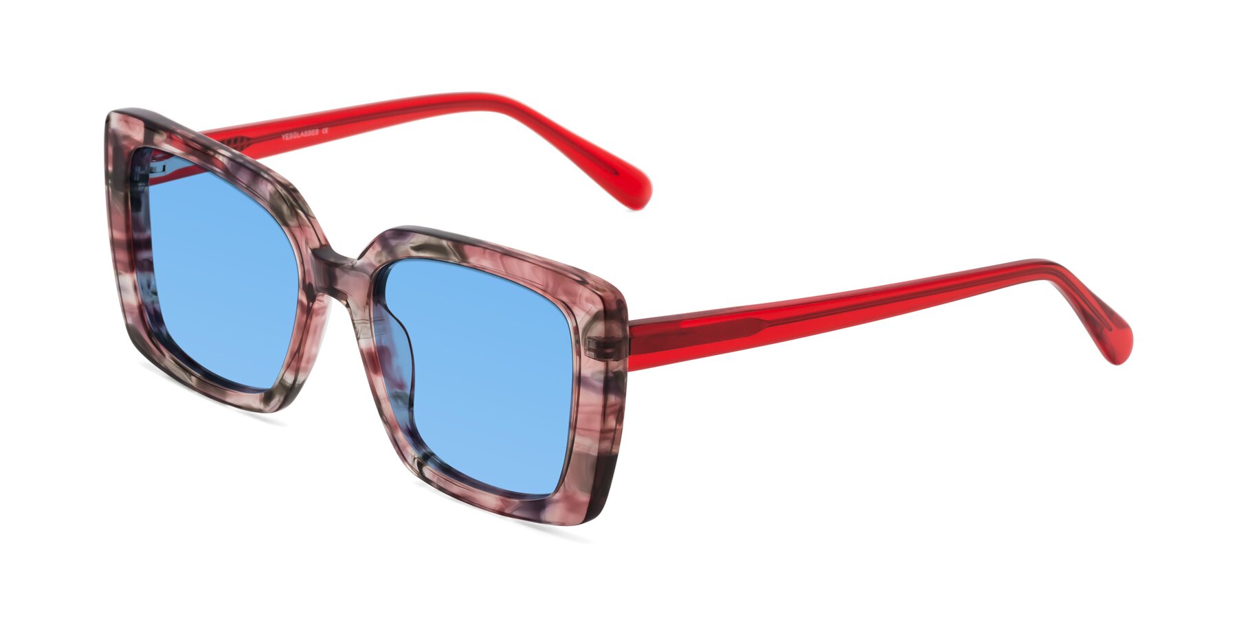 Angle of Godness in Red-Floral with Medium Blue Tinted Lenses