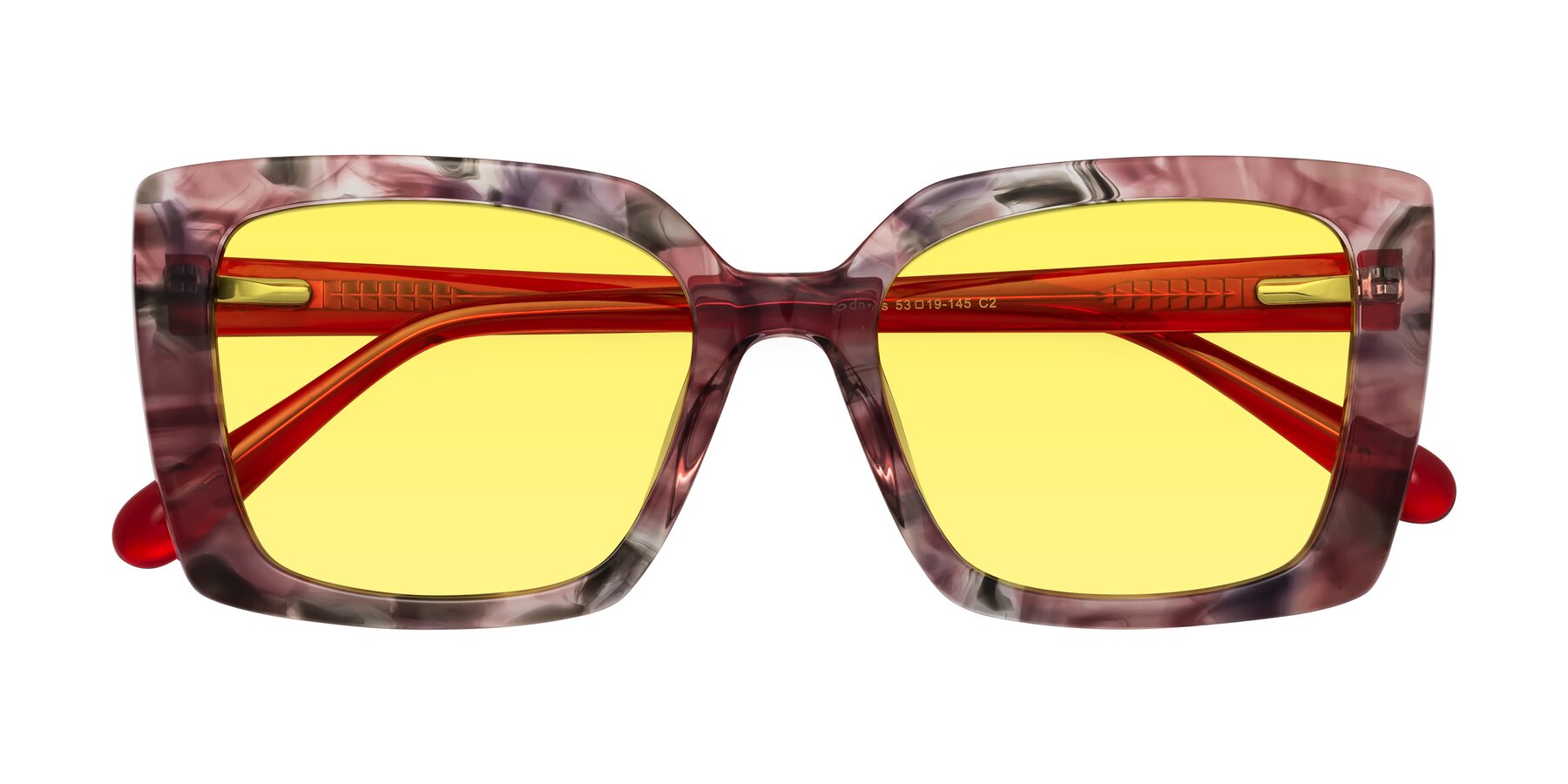 Folded Front of Godness in Red-Floral with Medium Yellow Tinted Lenses