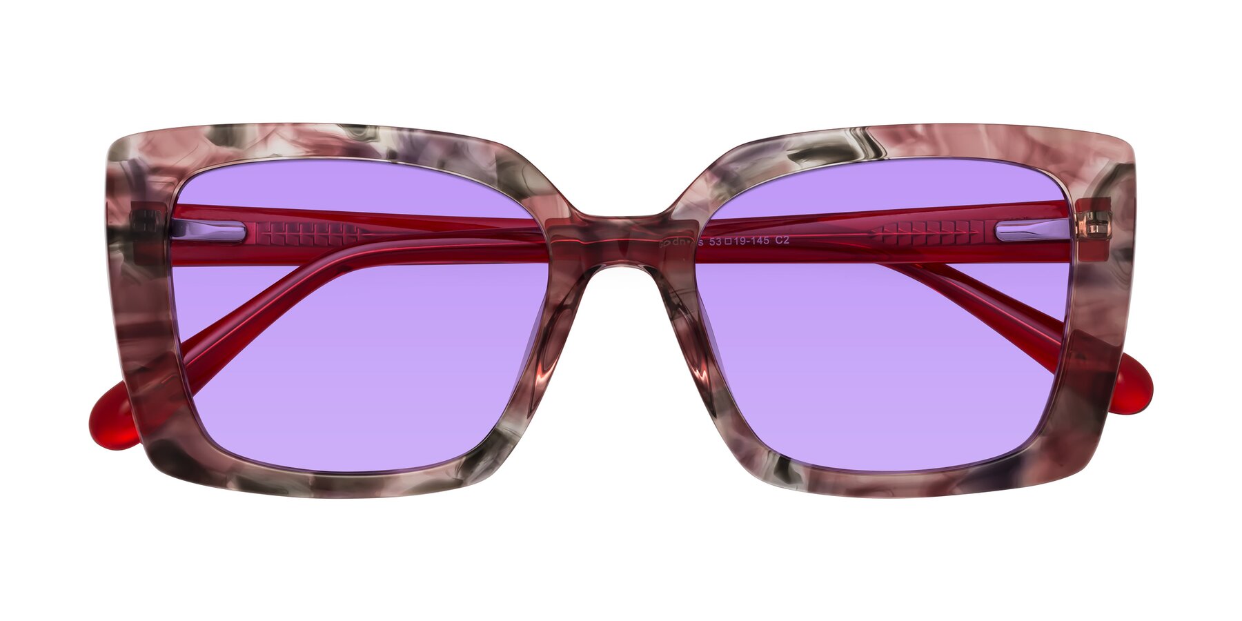 Folded Front of Godness in Red-Floral with Medium Purple Tinted Lenses